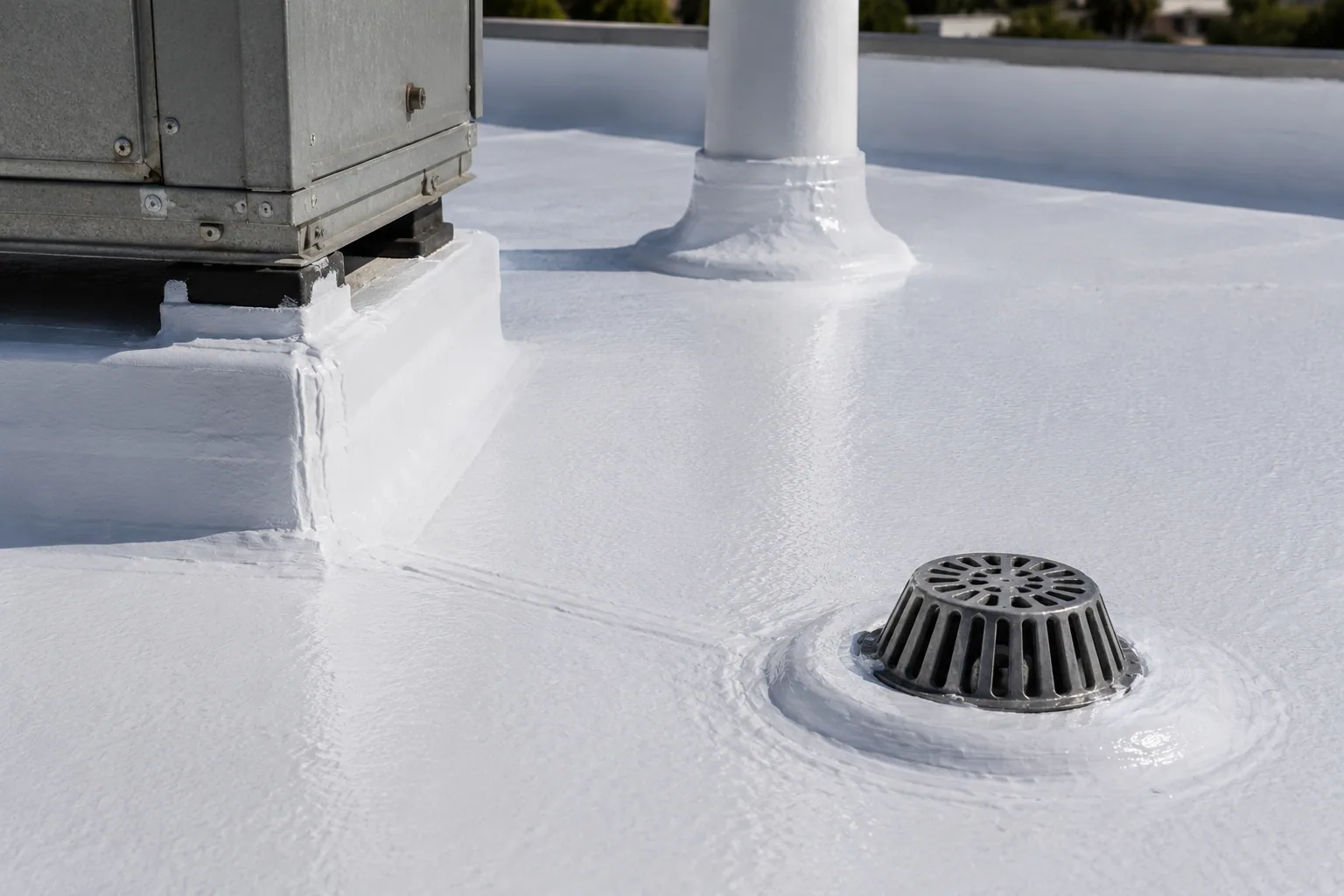 TPO roofing with a drain and rooftop curb TPO roofing with a drain and rooftop curb